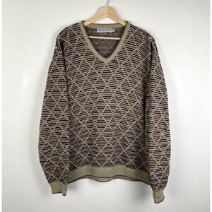 Vintage 90s 3D Textured Chunky Knit Grandpa Sweater V-Neck Retro Grunge Brown L